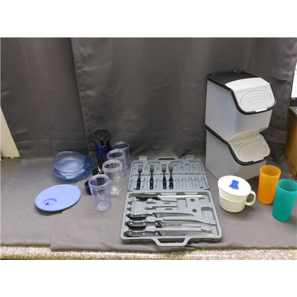Lot of Assorted Kitchen Items Cutlery, Food Storage, Containers, Bullet Blender Items, Etc