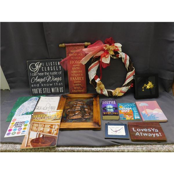 Lot of Assorted Books, Wall Decor, Wreath, etc