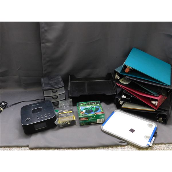 Lot of Office Supplies Binders, Trays, Radio, Hulk Puzzle, Whiteboard, Etc