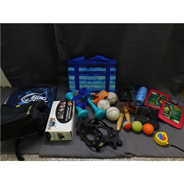 Lot of Assorted Sports, Campig Cooler Bag, Poncho, Weights, Car Appearance Kit, Twine, Etc