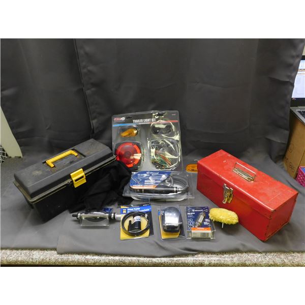 Lot of Assorted Tools, Trailer Light Kit, Tool Boxes, attwood Fuel Line Assembly, Bilge Pump, Bow