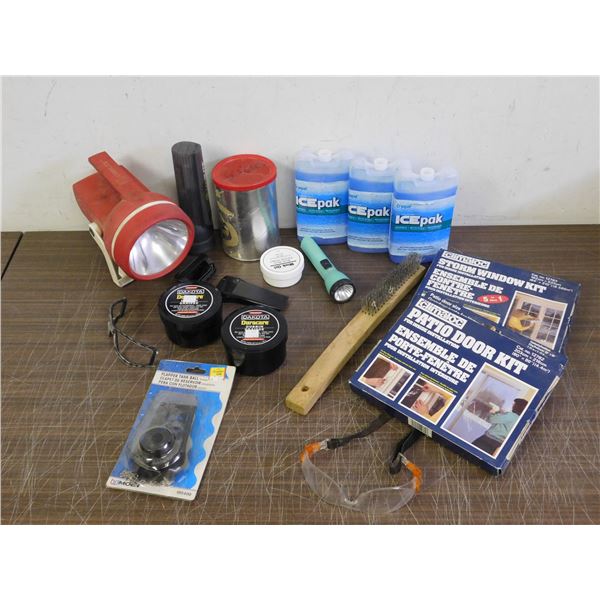 Lot of Assorted Tools / Garage Household Flashlights, Ice Packs, Window and Door Sealant, etc