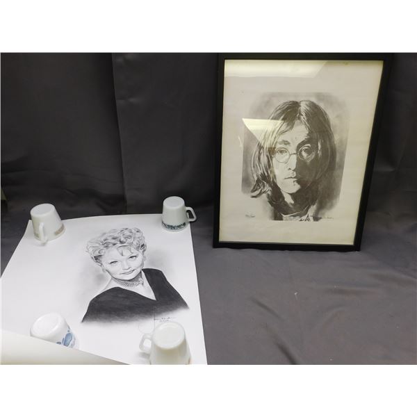 Lot of 2 John Lennon Numbered Pencil Sketch Print & Original Pencil Sketch Realism