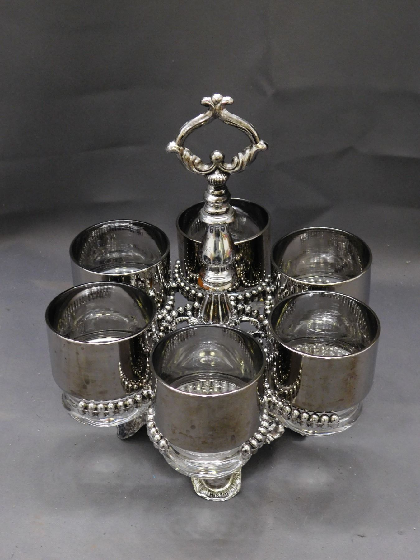 Silver Rimmed Rocks Glasses Vintage MCM Silver Rim Band Rocks Glasses in Metal Tray 6pcs Set