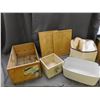 Image 1 : Lot of 8pcs Wooden Serving Boards with Drip Inlay, Crate, Box and Fabric Storage Cube, Bags, etc
