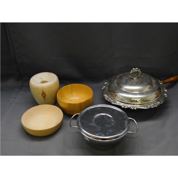 Lot of Wooden Bowls, Wood and Metal Serving Pot with Handle, Glass inlay, Lid & Metal Dish w Lid