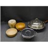 Image 1 : Lot of Wooden Bowls, Wood and Metal Serving Pot with Handle, Glass inlay, Lid & Metal Dish w Lid