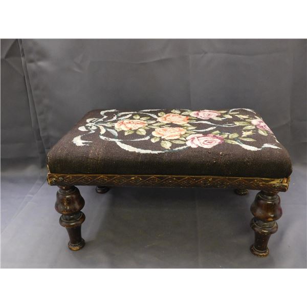 Vintage Small Wooden Ottoman Foot Stool *some damage* Upholstered Cross stitch Flowers