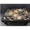 Image 2 : Vintage Small Wooden Ottoman Foot Stool *some damage* Upholstered Cross stitch Flowers