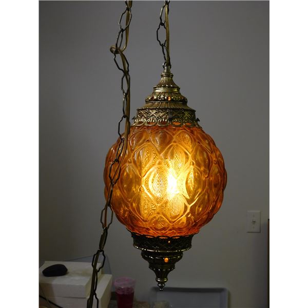 Vintage MCM Swag Chain Lamp Hanging Amber and Brass Lamp *works*