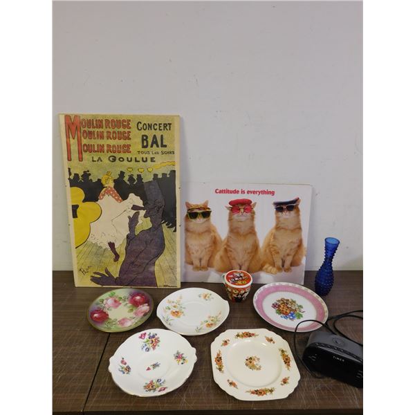 9pcs END OF THE RUN Wall Art, Blue Hobnail Vase, Timex Alarm Clock, China Dinner Plates, Mug