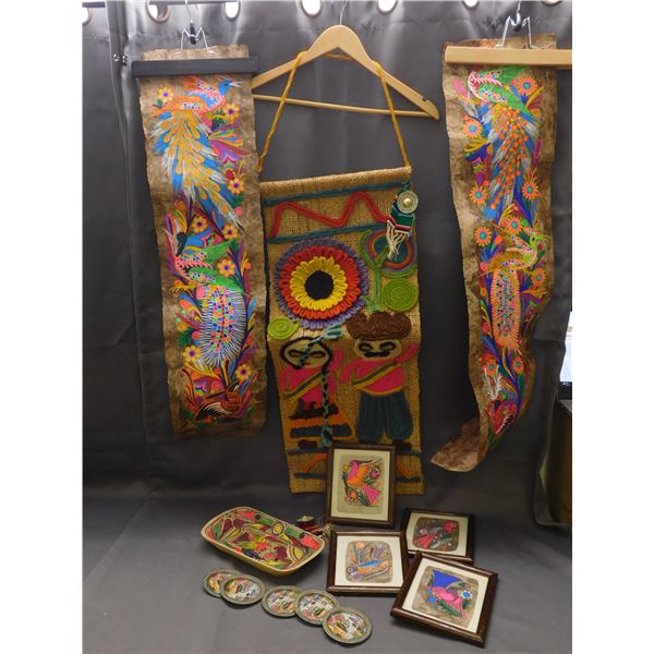 Lot of Tropical / Mexico Souvenirs Decorations Coasters, Wooden Tray, Painted Birds Wall Art, Knit