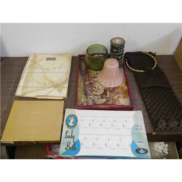 Lot of Vintage Embroidered Pillow Cases, Pink Glass Shade, Green Glass Vase, Candle, Tray, Knit