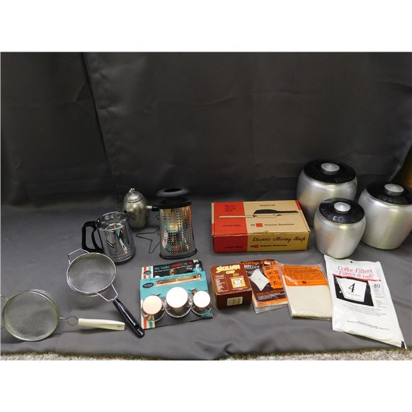 Lot of Vintage Kitchen Coffee Filters, Metal Pot, Sifters, Canisters, Electric Knife, Grater, Etc