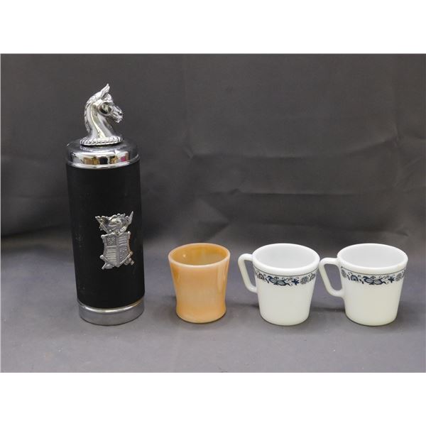 Lot of Horse Decanter Liquor Bottle Music Box, Pyrex Milk Glass Mugs, Peach Lustreware Mug