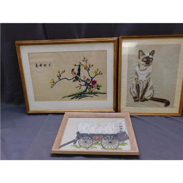 Lot of 3 Embroidery Wall Art Siamese Cat, Wagon and Birds Asian