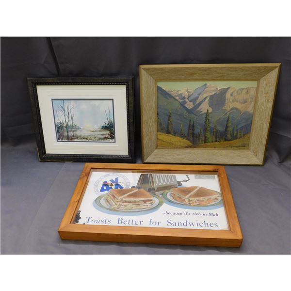 Lot of 2 Original Artwork Paintings and Vintage Toaster Ad Wall Clock *as is*