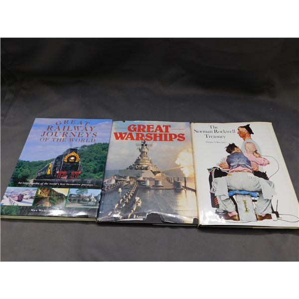Lot of 3 Hardcover Books Norman Rockwell, Great Warships, Great Railway Journeys of the World