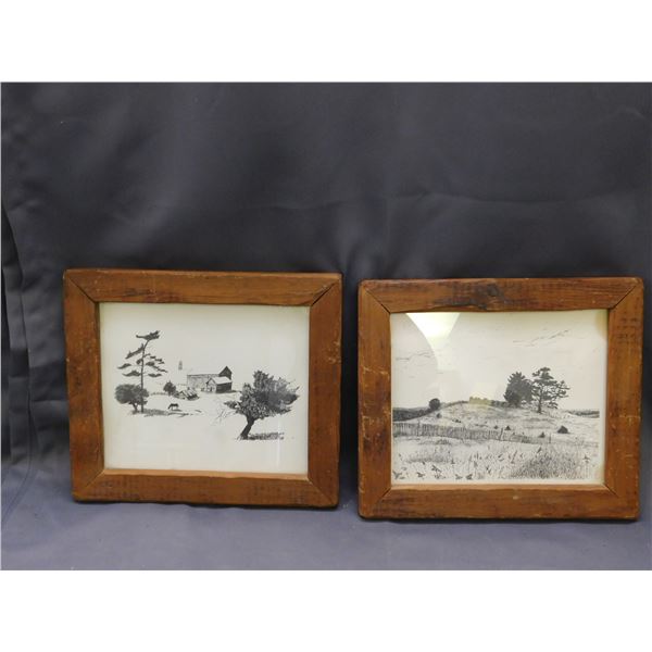 Pair of Original Framed Ink Drawings 14" x 13"