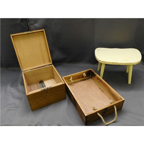 Lot of 3 Vintage Wooden Index Card Box, Milking Stool and Wooden Tray