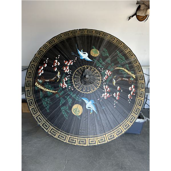 6ft Tall Asian Paper Fan / Umbrella with Wooden Pole Base,