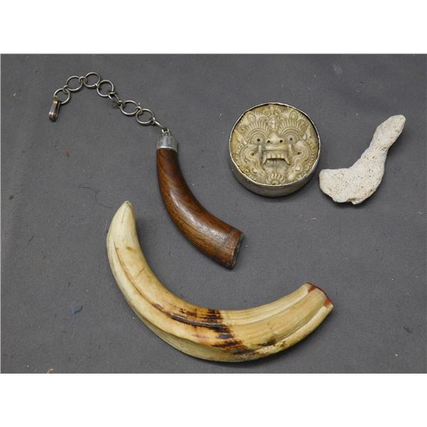 Lot of 4 Boar Tusk, Carved Bone Face, Coral & Keychain