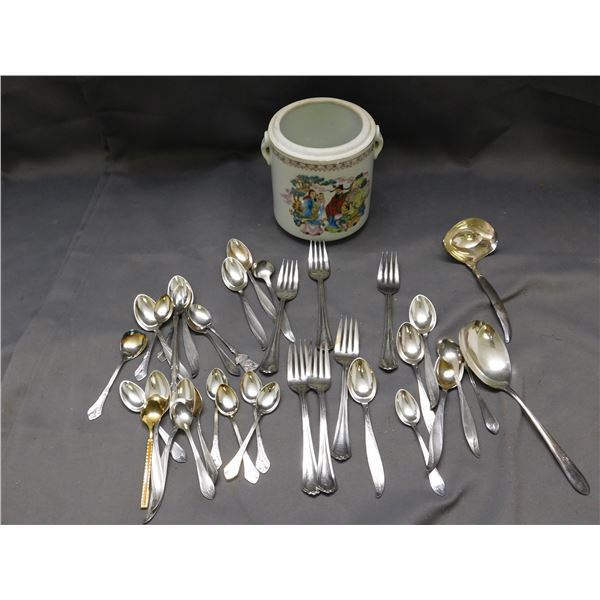 Lot of International Flatware Cutlery Forks, Spoons, Tea Spoons, Etc and Ceramic Jar