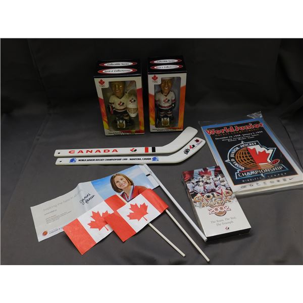 Team Canada Lemieux and Brodeur Bobble Heads, Mini Sticks, Program, Flags, etc.