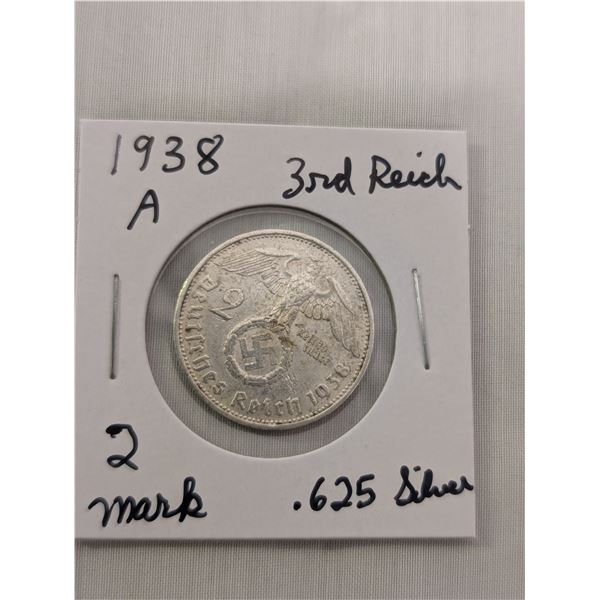 1938 A 2 Mark Reich .625 Silver Coin Germany