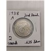 Image 1 : 1938 A 2 Mark Reich .625 Silver Coin Germany