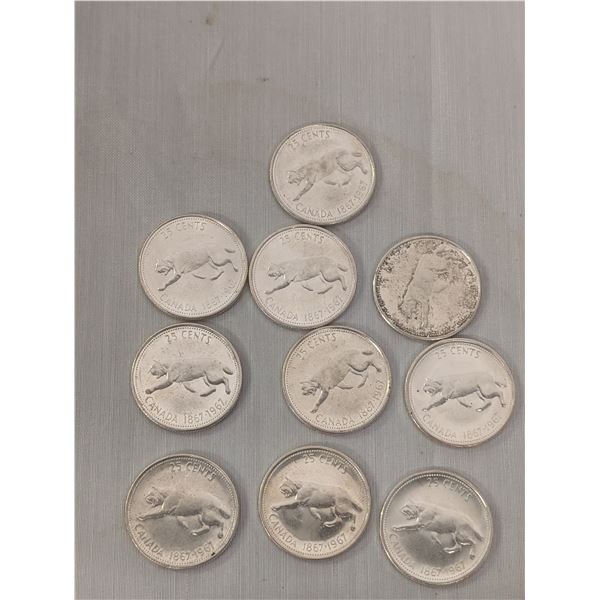 10 Silver 1867-1967 Centennial Bobcat Quarters Canada