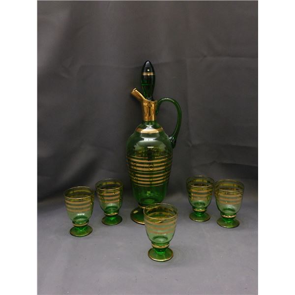Vintage MCM Green Glass, Gold Stripe Romanian Decanter Set 5 Glasses, Pitcher w Stopper