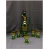 Image 1 : Vintage MCM Green Glass, Gold Stripe Romanian Decanter Set 5 Glasses, Pitcher w Stopper