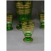 Image 2 : Vintage MCM Green Glass, Gold Stripe Romanian Decanter Set 5 Glasses, Pitcher w Stopper