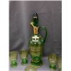Image 4 : Vintage MCM Green Glass, Gold Stripe Romanian Decanter Set 5 Glasses, Pitcher w Stopper