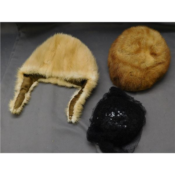 Lot of 3 Sequin Black Mesh Women's Fancy Dress Cap and 2 Vintage Real Fur Hats