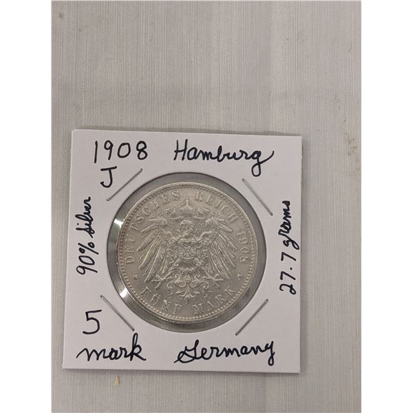 1908 J Germany Hamburg 5 Mark Silver Coin