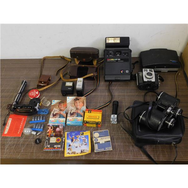 Lot of Vintage Film Analog Cameras, Polaroid Instant Cameras, Flash Bulbs, 8mm Film, Binoculars, etc
