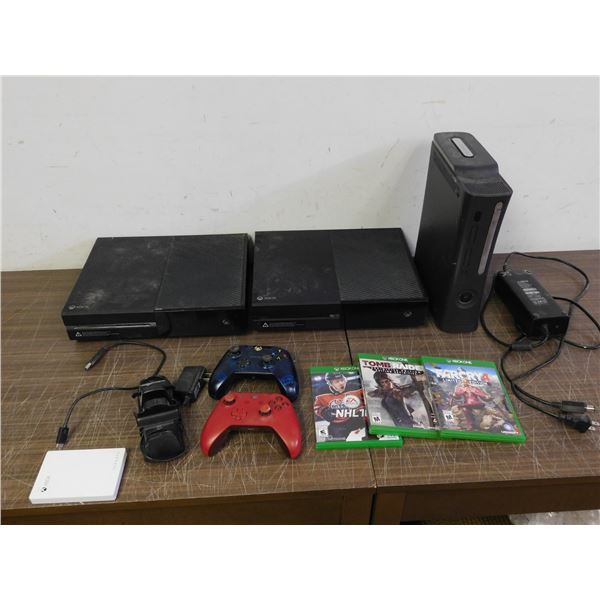 Xbox Video Game Lot 3 Consoles Xbox 360, Xbox One, 3 Games, 2 Controllers, Misc Cables, Accessories