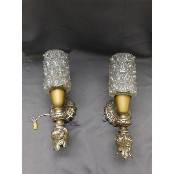 Pair of Vintage Brass and Glass Wall Sconce Fixtures 15"