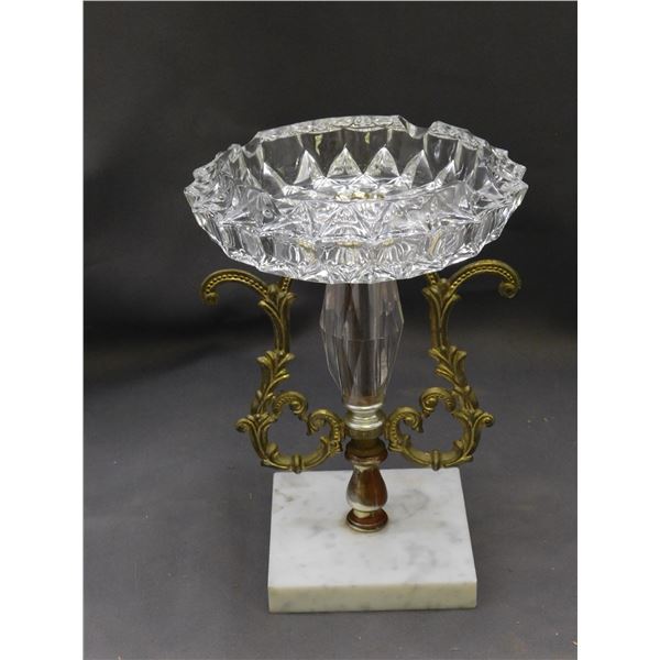 Marble, Brass and Crystal / Glass Ornate Vintage Tabletop Ashtray 9"