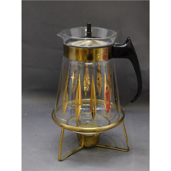 Pyrex 8 cup Vintage MCM Gold Star / Diamond Pattern Coffee Carafe Glass Pot  wCandle Warming Stand