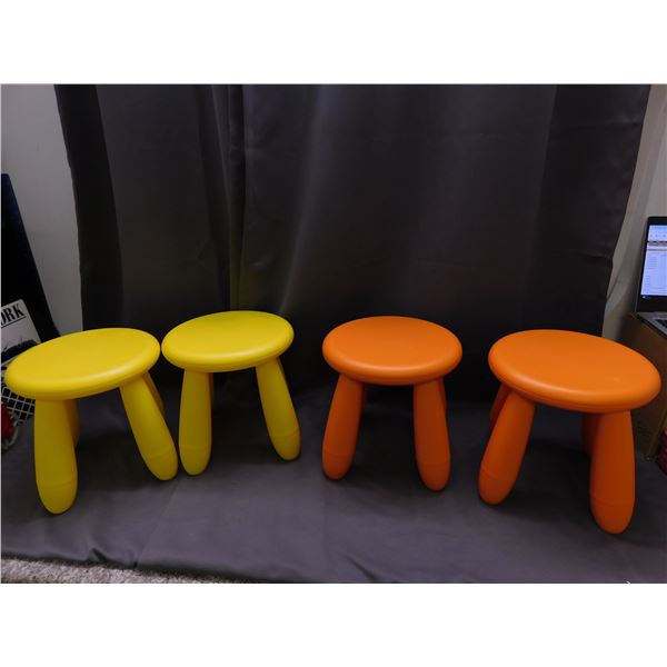 Lot of 4 IKEA Plastic Kids Playroom Stools Chairs Yellow and Orange
