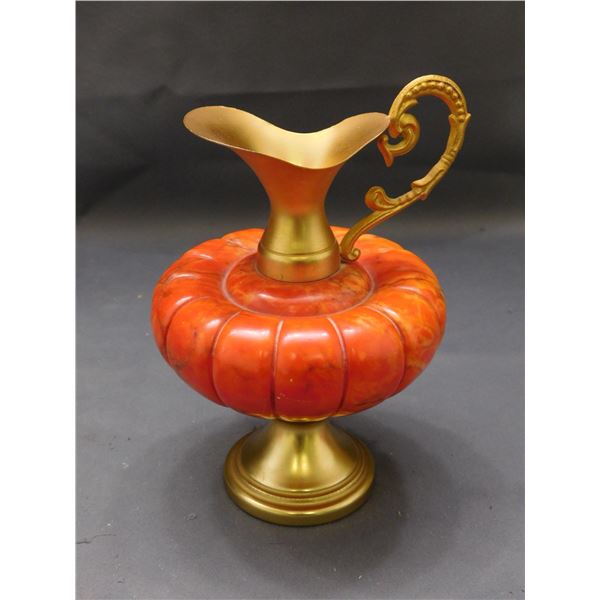 Orange Carved Stone and Gold Tone Metal Ornamental Jar 7"