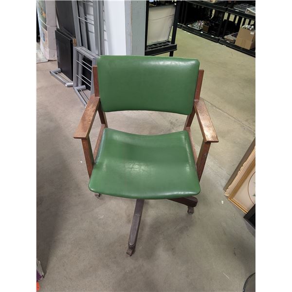 Mid Century Modern Walnut Frame Green Leather/Vinyl Office Chair