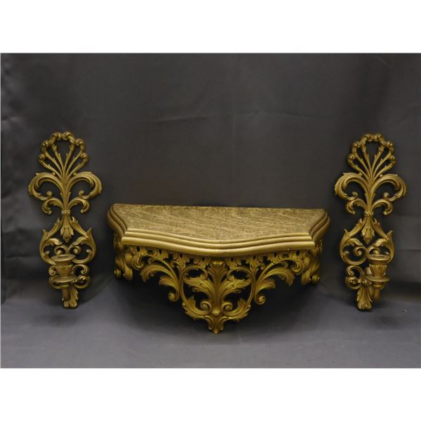 Vintage MCM 1975 Ornate Gold Tone Burwood Shelf and Wall Sconces