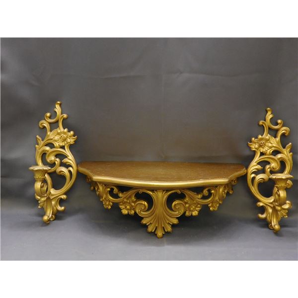 Vintage MCM Dart Syroco Gold Tone Ornate Wall Shelf & Sconces 1969