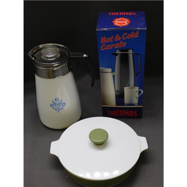 Lot of 3 Corning Ware 8 1/2" Green Covered Baking Dish, Thermos Hot & Cold Carafe & 9 Cup Corning