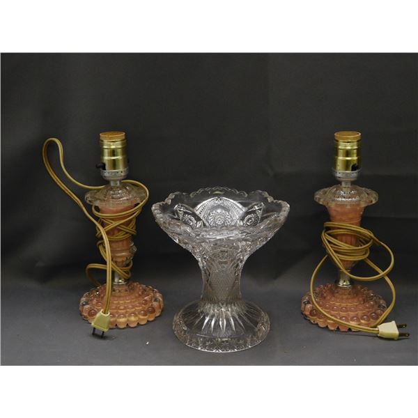 3pcs Vintage Glass Vase, Pink Glass Hobnail Night Lights Nightstand Bedroom Lamps