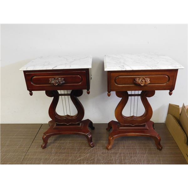 Pair of Vintage Wooden End Tables with Stone Marble Top Kimball Victorian Reproductions